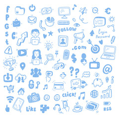 Social Media, digital marketing, internet network icons set. Vector hand drawn isolated objects. Doodle and sketch style .