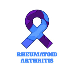 Rheumatoid arthritis awareness poster. Blue and purple ribbon made in 3D paper cut and craft style on white background. Medical concept. Vector illustration.