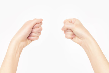 Closeup mockup of empty female hands making holding gesture isolated at white background.