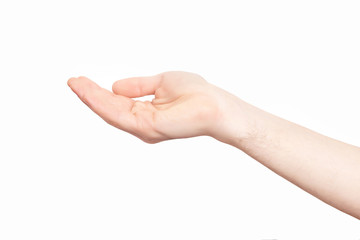 Closeup empty male hand making holding gesture isolated at white background.