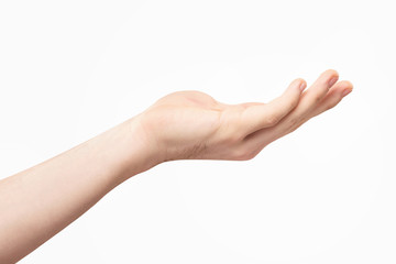 Closeup empty male hand making holding gesture isolated at white background.