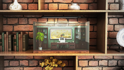 the concept of limited choice social exclusion working office in the aquarium on shelves 3d render