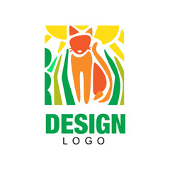 Abstract silhouette of orange cat, green plants and sun. Colorful flat emblem. Children hand drawing style. Isolated vector design for card, banner or zoo store