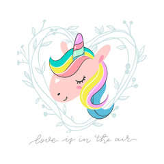 Cute cartoon unicorn vector illustration. Love is in the air greeting card. Perfect for kids apparel, fabric, textile, nursery decoration, greeting card, t-shirt design, print or poster.