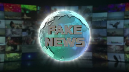 Fake News On Screen 3D Animated Text Graphics Over Spinning Animated Glass Globe News Broadcast Graphic Title Animation Seamless Looping Motion Background Video Backdrop Green Turquoise - Powered by Adobe