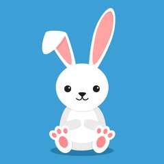 Cute rabbit sitting isolated on blue background. Little bunny white in flay style. Vector illustration