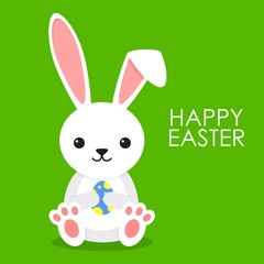 Cute rabbit with blue easter egg on green background. Little bunny in flay style. Happy Easter greeting card. Vector illustration