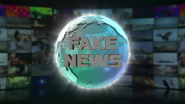 Fake News On Screen 3D Animated Text Graphics Over Spinning Animated Glass Globe News Broadcast Graphic Title Animation Seamless Looping Motion Background Video Backdrop Green Turquoise
