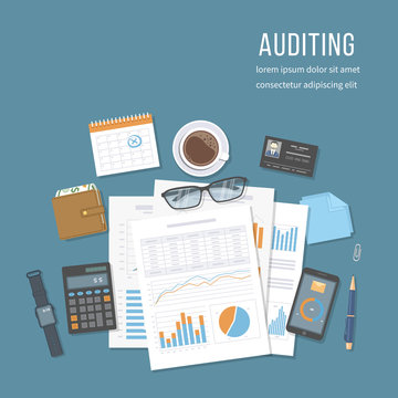 Financial audit, accounting, analytics, data analysis, report, research. Documents with charts graphs, report, purse, calculator, calendar, auditor's identification card, notebook. Vector