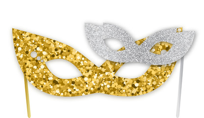 Mardi Gras, Purim gold and silver glitter masks isolated on white background, vector illustration. Realistic sparkling mask, graphic design elements for banners, flyers, party invitations.