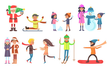 Santa Claus and People Set Vector Illustration