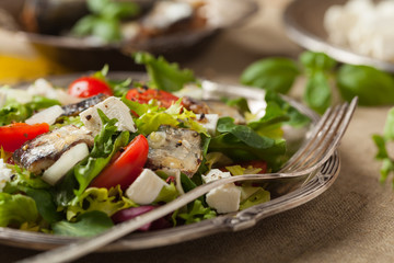 A delicious salad with sardines and feta cheese.