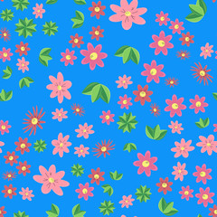 Pink flowers on a blue background, style flat. Seamless vector illustration.