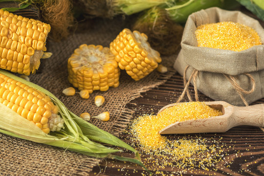 Fresh corn on cobs on rustic wooden table, top view. Dark wooden background freshly harvested organic corn. Corn grits in cloth sack. Shallow depth of field.