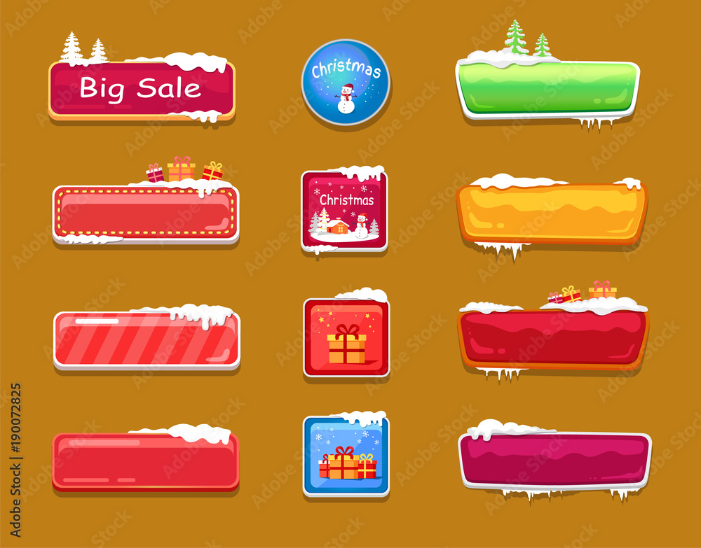 Poster set of winter theme web push button covered snow