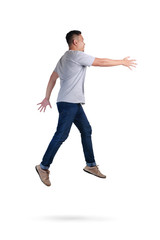 Levitation. Young Man Walking Jumping on Air