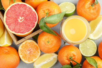 Fresh fruits. Citrus background. Mandarin, grapefruit, lime, tangerine, lemon. Top view