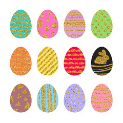 Set of colorful Easter eggs with golden glitter.