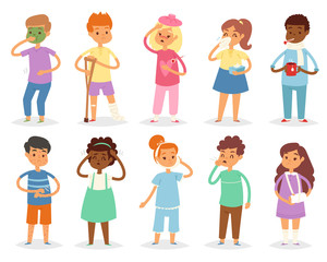 Sick kids vector child with headache and temperature and children catching a cold or flu illustration set of sickness or illness isolated on white background