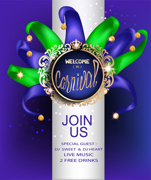Carvival party invitation card with buffoon hat. Vector illustration