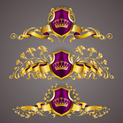 Set of golden royal shields with floral elements, ribbons, laurel wreaths for page, web design. Old frame, border, crown in vintage style for label, emblem, badge, logo. Vector illustration EPS10