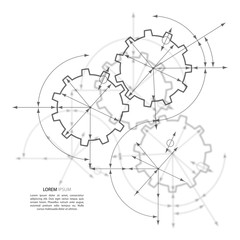 Gears in engagement. Engineering drawing abstract industrial background with a cogwheels.