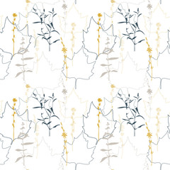 Obraz premium Summer flowers, herbs and leaves floral vector seamless pattern. Realistic botanical background with hand drawn chicory flowers, maple leaves and herbal grasses.
