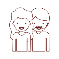half body people with woman wavy hair and man with beard in brown contour vector illustration