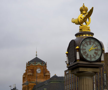 Old clocks outside central train station in stockholm