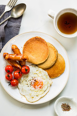  Pancakes with Fried egg, Sausages and Cherry Tomatoes