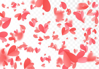 Falling red and pink confetti hearts isolated on transparent background