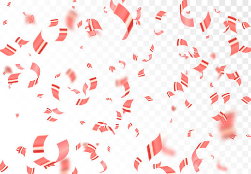 Falling shiny red confetti isolated on transparent background.Bright festive tinsel of pink color.