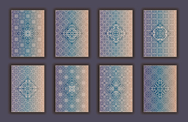 Card set with mosaic lace decorative elements background. Asian Indian oriental ornate banners.