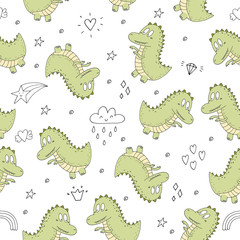 Cute seamless pattern with funny dinosaurs. vector illustration.