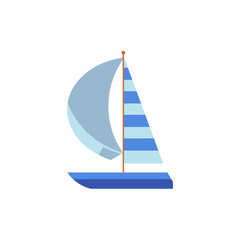Yacht, sailing ship, boat, sailboat with a striped sail, flat cartoon vector illustration isolated on white background. Flat cartoon vector illustration of yacht, boat, sailing ship, sailboat