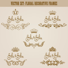 Set of golden hand-drawn floral elements, crowns, text mr and mrs for decoration of wedding, greeting card, invitation. Vintage design. Vector illustration.