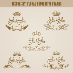 Set of golden hand-drawn floral elements, crowns, text mr and mrs for decoration of wedding, greeting card, invitation. Vintage design. Vector illustration.