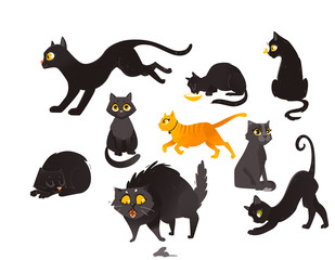 Set of black and red cats eating, sitting, sleeping, playing and mouse-hunting, flat cartoon vector illustration isolated on white background. Cat characters playing, sitting, sleeping and hunting