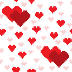 Seamless pattern with red pixel hearts on a white background