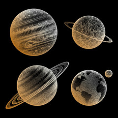 Collection of planets in solar system. Engraving style. Vintage elegant science set. Sacred geometry, magic, esoteric philosophies, tattoo, art. Isolated hand-drawn vector illustration - 190076674
