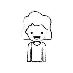 half body people with girl in t-shirt long sleeve and short wavy hair in black blurred contour vector illustration