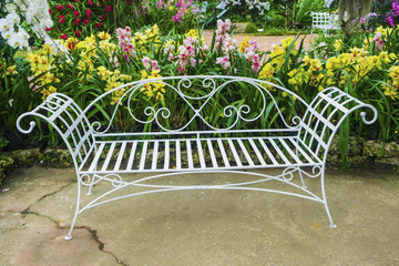 White iron bench in Multi-Color Orchids flower garden.