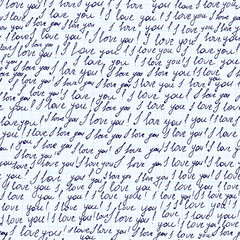 Beautiful valentine vector seamless pattern with phrases "I love you" handwritten on copybook grid paper