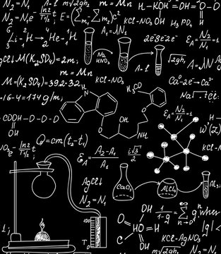 Educational chemistry vector seamless pattern with plots, formulas and laboratory equipment. Scientific background. Endless texture