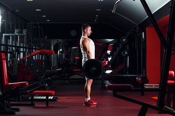 Fototapeta na wymiar Young man exercising with barbell weight in the gym.