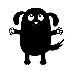Fototapeta premium Dog puppy face black silhouette holding hands up. Pet collection. Pooch, paw print hug. Flat design. Cute cartoon funny character. White background. Isolated.