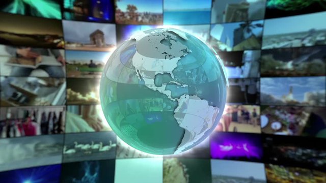 Stylish Shiny Colorful Glass Metal or Metallic Globe Animation Spinning in Front of a moving Wall of Screens Version 1 Seamless Loop Video Backdrop Animated Motion Background Green Turquoise
