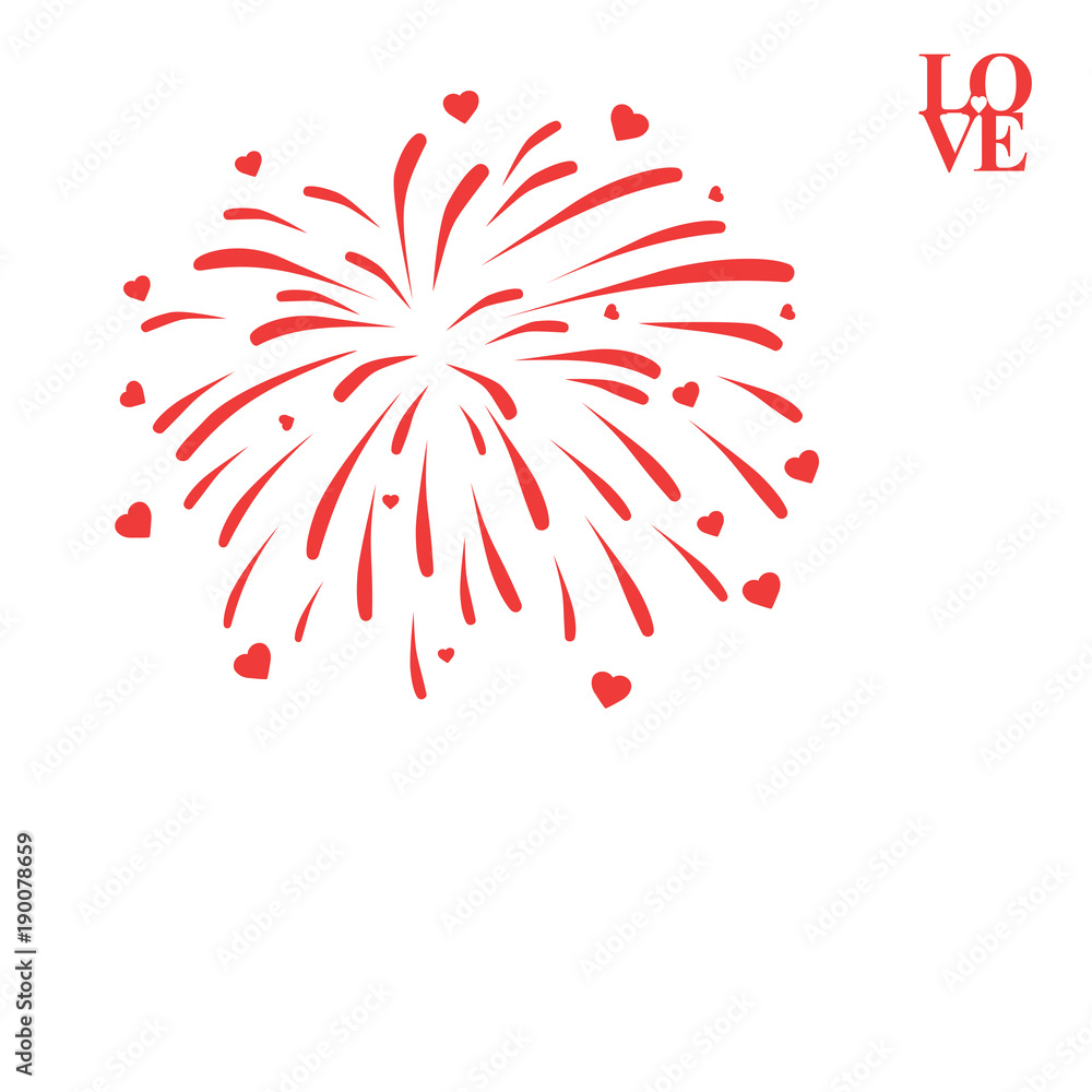 Wall mural red firework design with hearts on white background