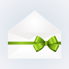 Empty envelope opened decorated with green ribbon bow. Illustration isolated on white background. Vector image.