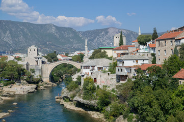 Fototapeta na wymiar Old Bridge (Stari Most), Neretva River and Old Town in Mostar, Bosnia and Herzegovina
